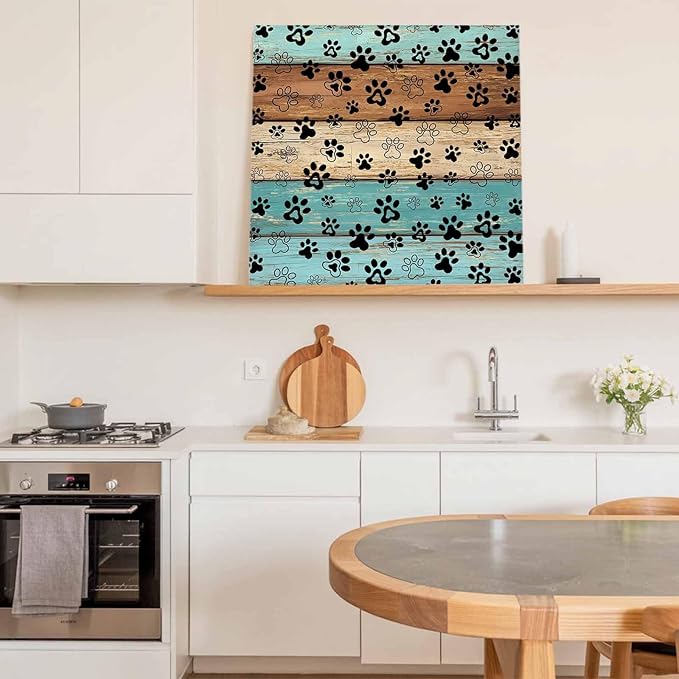 Framed Canvas Wall Art for Living Room Dog Paw Print Wall Decor, Retro Brown Turquoise Wood Grain Aesthetic Paintings for Bedroom Office Kitchen Bathroom, Ready to Hang Wall Pictures 20x20 Inch