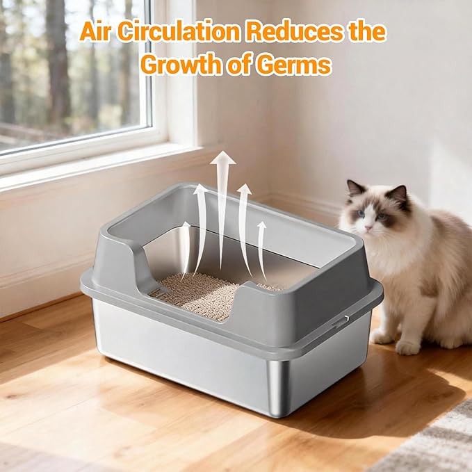 Enclosed Stainless Steel Cat Litter Box with Lid, XL Extra Large Litter Box for Big Cats, Metal Litter Pan High Sided, Never Absorbs Odors, Anti-Urine Leakage, Easy Cleaning, Include Scoop