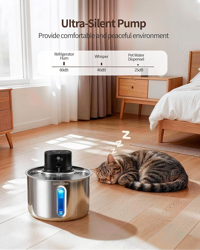 Wireless Cat Water Fountain Cordless Cat Drinking Fountain Stainless Steel, 74oz/2.2L Battery Operated Pet Water Fountain for Cats Indoor with 11 Filters