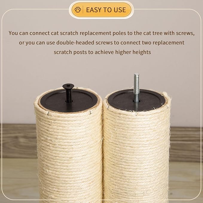 2 Root Cat Scratching Post Replacement 11.81x3.54 Cat Tree Scratch Post Replacement Natural Sisal Pole Cat Scratch Post Refill Pole Part with M8 Screws for Kitten Tree Tower Cat Furniture Accessories