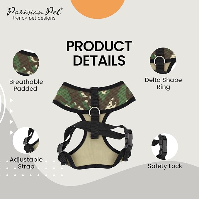 Parisian Pet Adjustable Freedom Dog Harness - Green Camo - 100% Mesh Fabric Cooling - Idle for Outdoor Adventures - Small