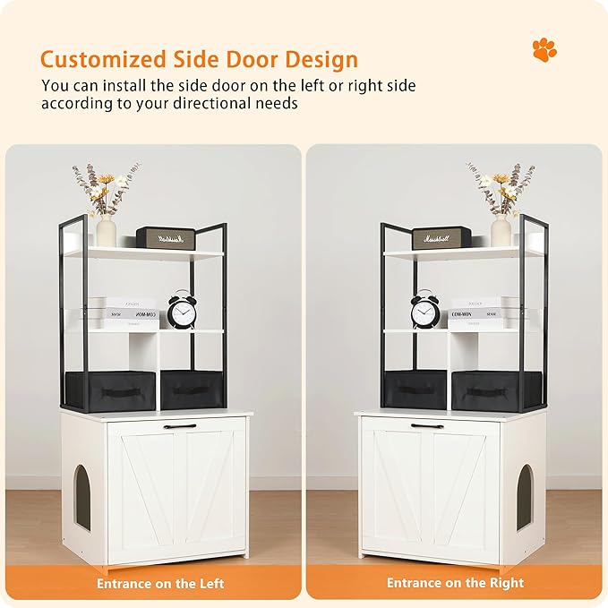 DWANTON Litter Box Enclosure with 2 Storage Shelves and 2 Drawers, 2-in-1 Hidden Cat Litter Box Enclosure Furniture with Shelf, Reversible Entrance, Washable Drawers, 50-Inch, White