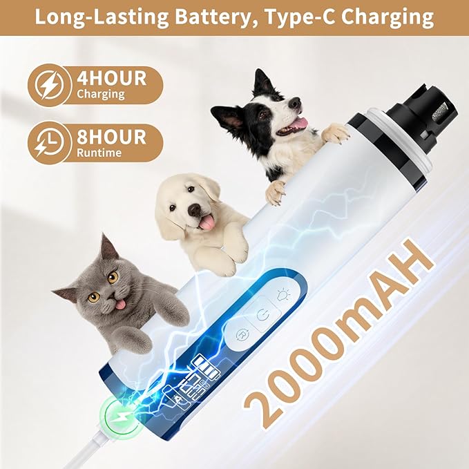 Upgraded 2026 3-Speed Dog Nail Grinder,Ultra-Quiet Rechargeable USB Trimmer with LED Lights & Battery Display –Painless Grooming for Dogs &Cats with Thick Nails &Sensitive Paws for Small to Large Pets
