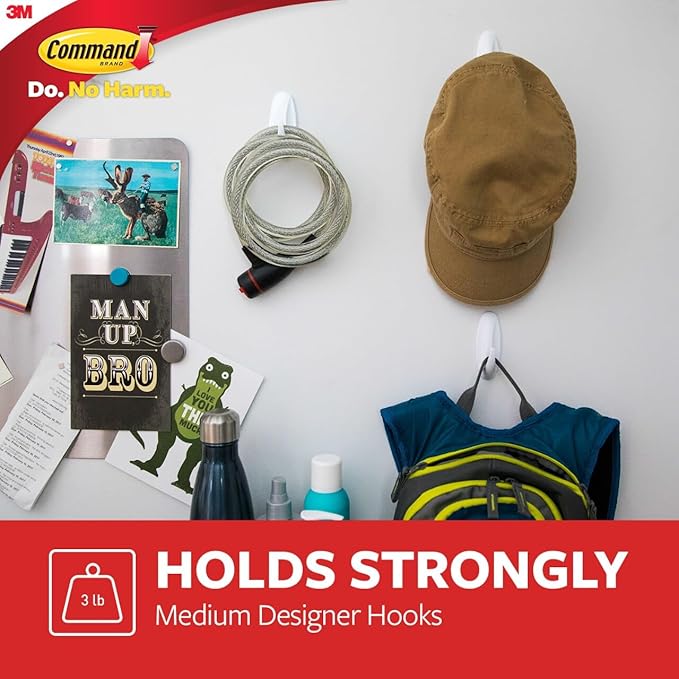 Command Medium Designer Hooks, 6 Hooks and 12 Strips, Damage-Free Hanging Wall Hook with Adhesive Strips, No Tools Great for Hanging, Organization and Storage, Holds up to 3 lb