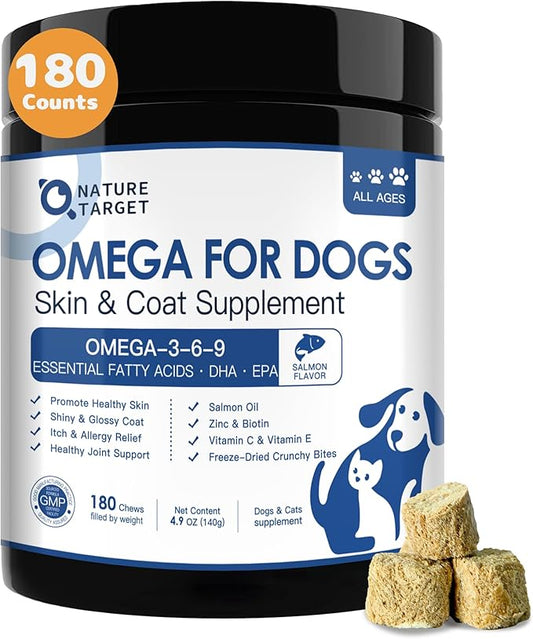 NATURE TARGET Omega 3 Fish Oil for Dogs, Salmon Oil for Dogs Skin and Coat with EPA & DHA Fatty Acids, Dog Itchy Skin Relief & Hot Spot Treatment, Reduce Shedding, Support Hip & Joint Health - 180 ct