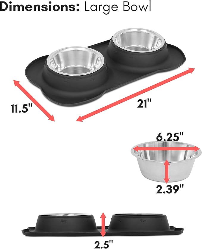Internet's Best Bone Dog Bowl Set | Double Stainless Steel Pet Food Water Bowls | No Spill Silicone Stand | Large Medium Breeds | Black