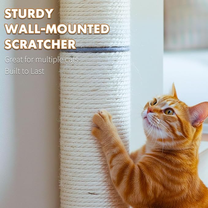 PowerKing Wall Mounted Cat Scratcher, 24" Vertical Sisal Scratching Post for Indoor Cats, Space-Saving Wall Cat Furniture with Natural Jute Rope & Rotatable Design