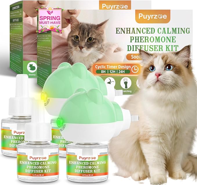 Cat Calming Diffuser with 3 Timing Functions, 6-in-1 Cat Pheromones Calming Diffuser Kit, 120-Day Anxiety Relief, Stress Reduction & Relaxation for All Cats (2 Diffusers + 4 Refills)