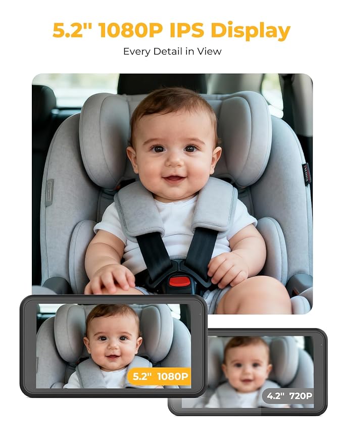 BM2A Baby Car Camera, Night Vision & 5.2" 1080P Display for Rear-Facing Car Seats, Easy No-Damage Install, Patented Anti-Shake Mount – Ideal for Parents and Pet Owners