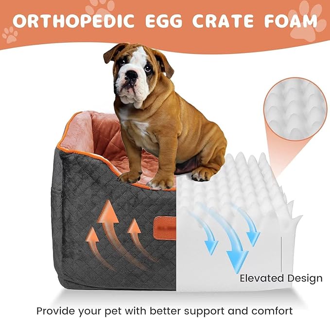 Memory Foam Booster Dog Car Seat with Washable Removable Cover, Elevated Pet Car Seat, Anti-Slip Sturdy Booster Seats for Small Dogs 35lbs, Seat Belt, Storage Pocket, Dog Blankets