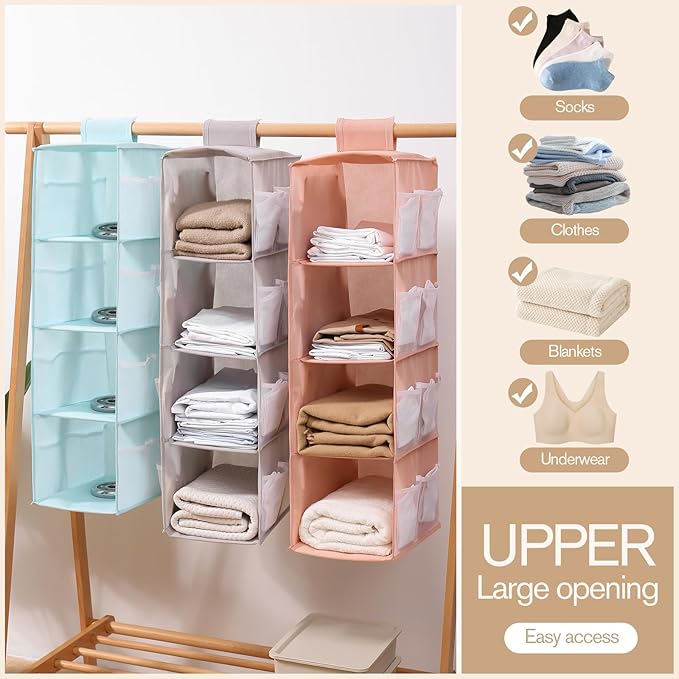 Hanging Closet Organizer, 4-Section Storage Shelves, Oxford Cloth with Mesh Pockets, (Gray, 3 Section)