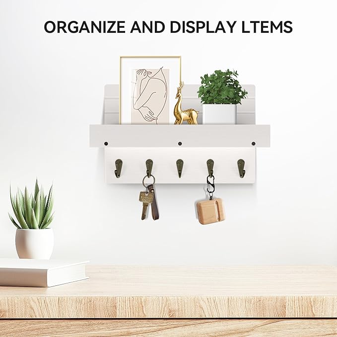 Key Holder Wall Mount, Rustic Key Hooks for Wall with Shelf for Mail Organizer, Entryway Decorative Key Rack with 5 Sturdy Hooks for Hanging Keys, Dog Leash, Sunglasses Wooden Key Hanger