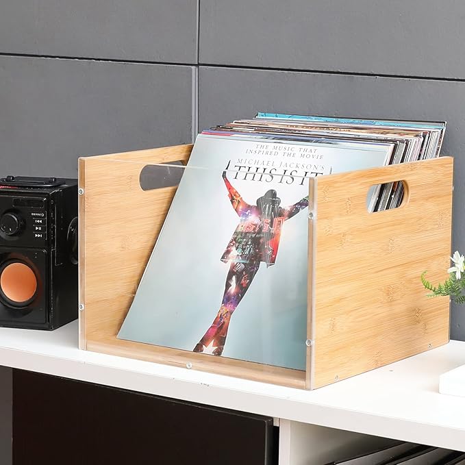 Record Album Storage Crate, Bamboo & Acrylic Vinyl Record Crate, Multifunctional Visible Record Holder Crate with Handle, Great for Storing Vinyl Record LP's/Albums Hanging Letter Size Folders Toy
