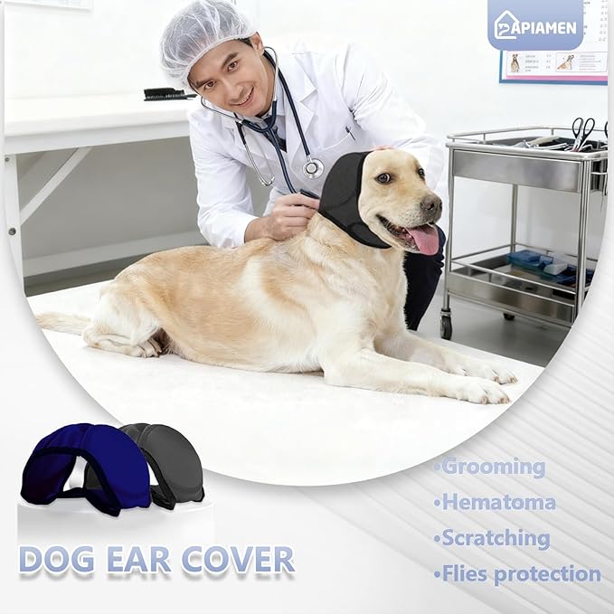 2Pcs Dog Ear Covers for Bath & Noise Protection,Adjustable Dog Ear Muffs Anxiety Relief Calming Hoodie Design,No Shake Ear Protection for Grooming,Swimming,Drying,Hematoma(Grey&Blue,M)