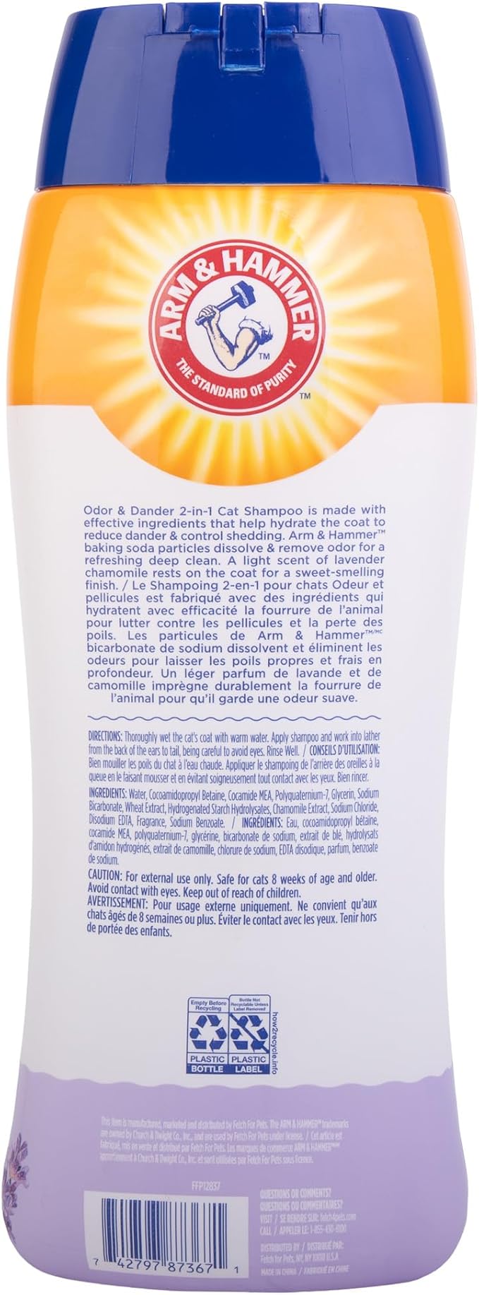 Arm & Hammer 2-in-1 Deodorizing & Dander Reducing Shampoo for Cats, Baking Soda Cat Shampoo for Dander, Odor Control and Coat Cleaning, Lavender Chamomile Scent, 20 Fl Oz - 2 Pack