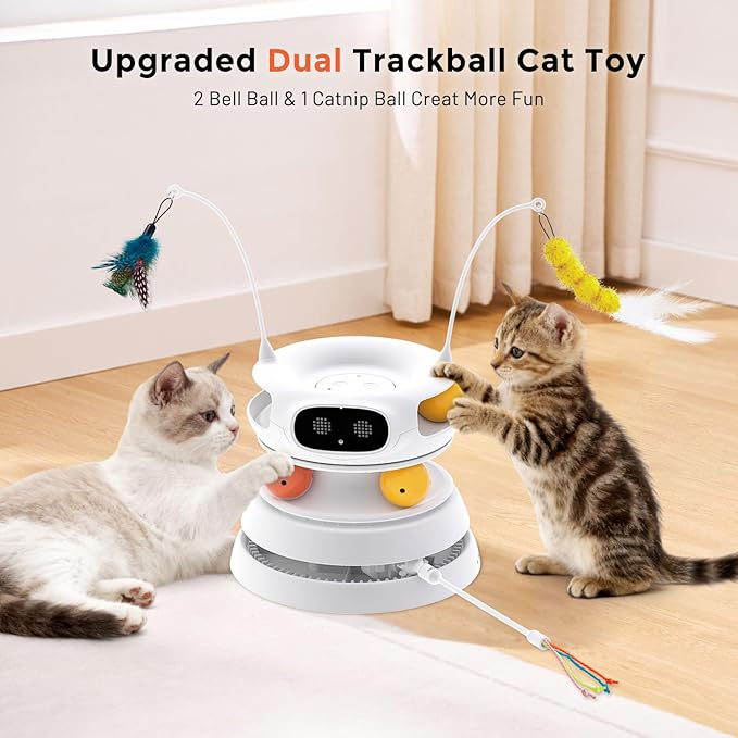 Interactive Cat Toys for Indoor Cats, 5 in 1 Hide and Seek Cat Toys with Motion Activated and Automatic Laser, Fluttering Feather & Dual Track Balls with Chirping for All Breeds, Rechargeable