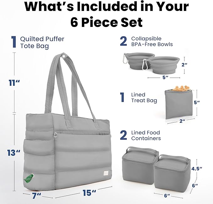 Puffer Dog Travel Bag for Dog Moms – Doggy Diaper Bag with Pet Bowls & Food Storage or Everyday Puffy Tote – Christmas Doggy Mom Gifts for Women – Lightweight, Travel-Ready Gift for Pet Lovers - Grey