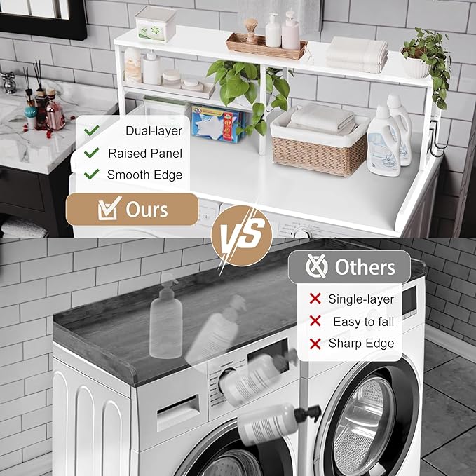 Washer and Dryer Countertop with Shelf, 2-Tier 54" x 27.5" Wood Laundry Countertop, Washer Dryer Topper with High Edge Rails and Hooks, Non-Slip Pads, Waterproof & Heat Resistant Top (White)