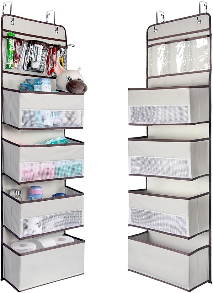 NesTidy Over The Door Organizer Storage, Wall Mount Hanging Organizer with 4 Large Capacity Pocket Organizers and 3 Small Pockets for Baby Essentials, Toys, Cosmetics, and Sundries (Beige, 1 Pack)