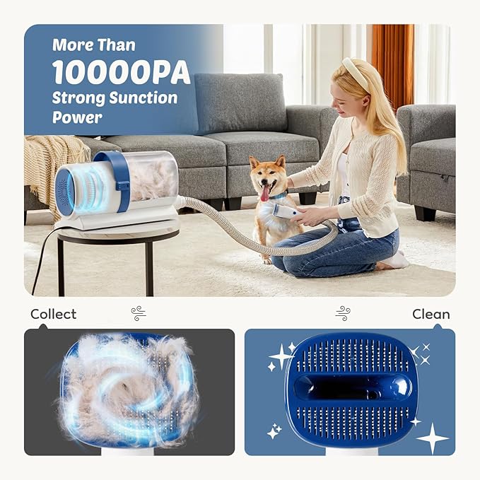 DUMOS Pet Grooming Vacuum Kit 2.5L, 3 Adjustable Suction Modes Pet Clipper, 5 Professional Grooming Tools with Cordless Low Noise Dog & Cat Hair Clippers, Blue & White