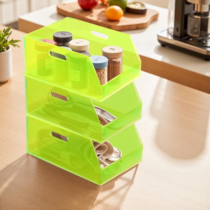 Gelite Stackable Storage Bins Open Front Organizer Bins with Handles Acrylic Storage Container for Pantry Kitchen Cabinet Bathroom Closet Office Organization, 11.4x7.5x5.1'', Neon Green