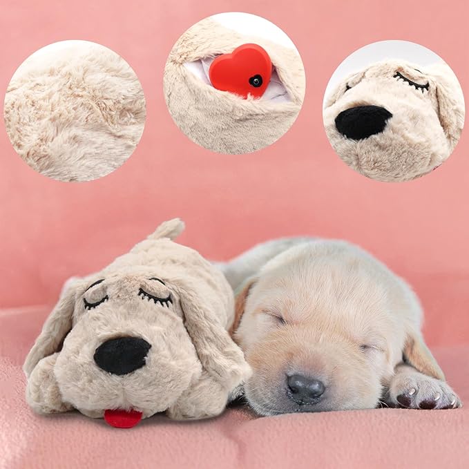 3T GROUP Puppy Heartbeat Toy Sleep Aid Puppy Essentials Dog Heartbeat Stuffed Animal Toy for Puppies Plush Pillow Pet Calming Anxiety Relief Behavioral Training(Beige)