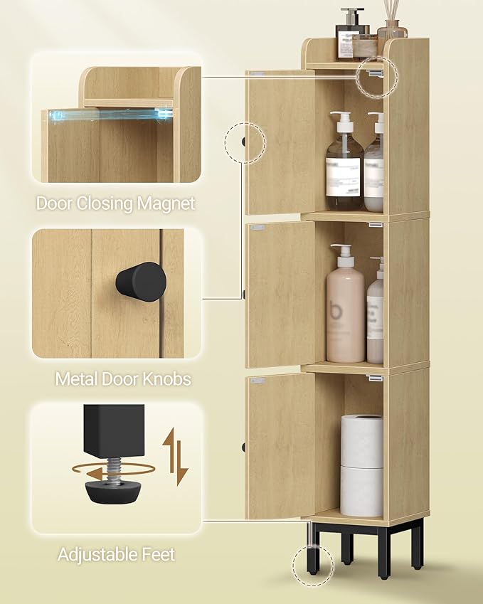 Slim Bathroom Storage Cabinet, Narrow Bathroom Organizers and Storage with 4 Adjustable Feet, Laundry Room Organization for Small Space, Kitchen, Living Room, 3 Doors Rattan Yellow BC22302Y