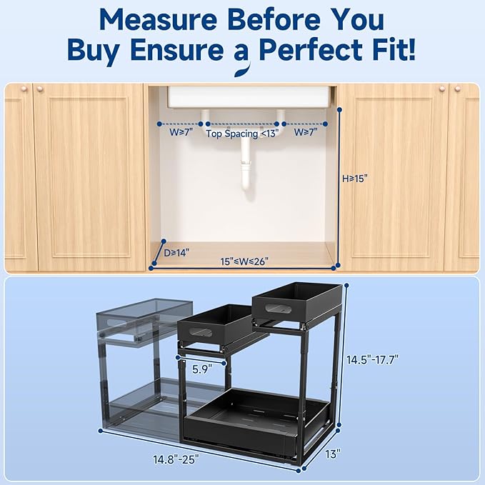 Insputer Upgrade Expandable Under Sink Organizer, 2 Tier Metal Under Cabinet Storage with 3 Slide Rails, Height Adjustable, Thickened Pull Out Drawer Shelf for Bathroom, Kitchen, Laundry, Pantry