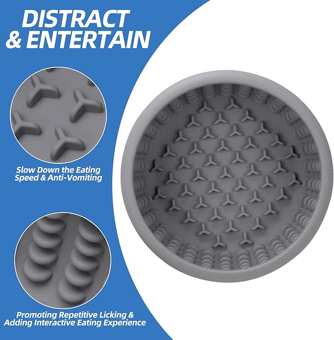 Dog Lick Bowl,Silicone Slow Feeder Bowls for Dogs ，Anxiety Relief Lick Mat for Dogs, Interactive and Enrichment Toys (Grey, Large)