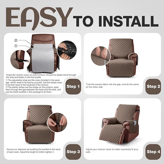 KinCam 100% Waterproof Recliner Chair Cover, Reclining Couch Covers for Pets, Dogs, Recliner Couch Slipcover Furniture Protector with Elastic Straps for Kids(23.6", Brown)