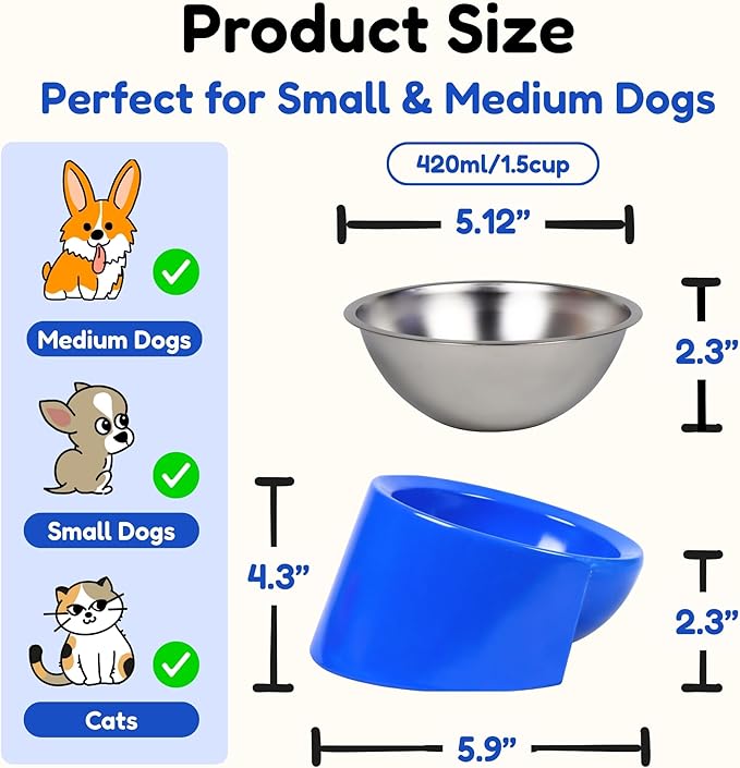 Tilted Dog Bowl for Flat-Faced & Senior Dogs, 15° Slanted Stainless Steel Dog Food Bowl, Elevated Pet Feeder for Small & Medium Dogs, Comfortable Eating Design (Blue, M (420 mL / 1.5 Cups))