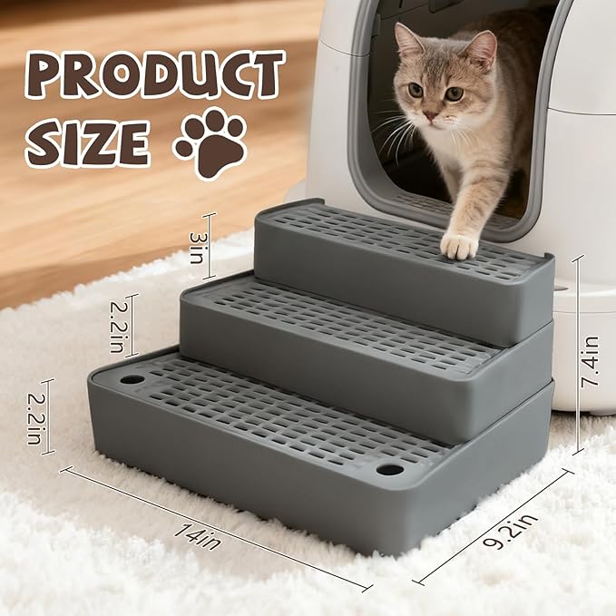 Adjustable 3 Steps Cat Ramp for Litter Box, Detachable Cat Pedal Step Stool with Filter Function, Double Layered Cats Litter Trapper, Suitable for Small&Elderly Cats, Non-Slip(Dark Grey)