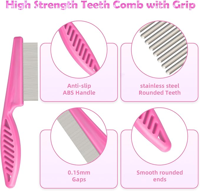 Flea Comb for Cats Dogs, 6 Pack Pet Lice Comb Set Pet Grooming Pets for Small, Medium & Large Pets（Pink）