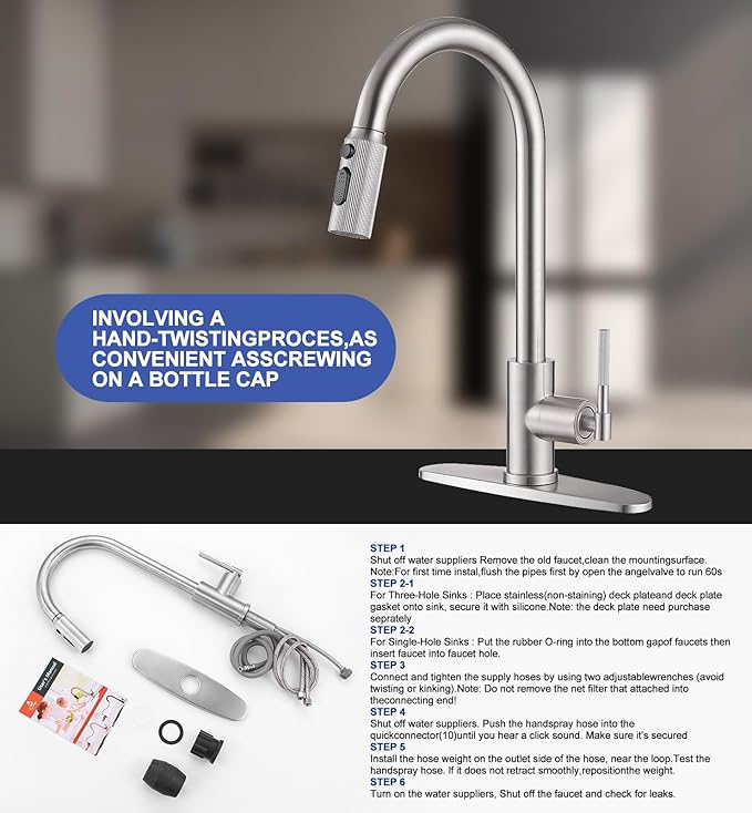 High Flow Kitchen Faucet 2.2 GPM, High Pressure Brushed Nickel Pull Down Sprayer, Stainless Steel Single Handle Sink Faucet for 1/3 Hole 10" Deck Plate