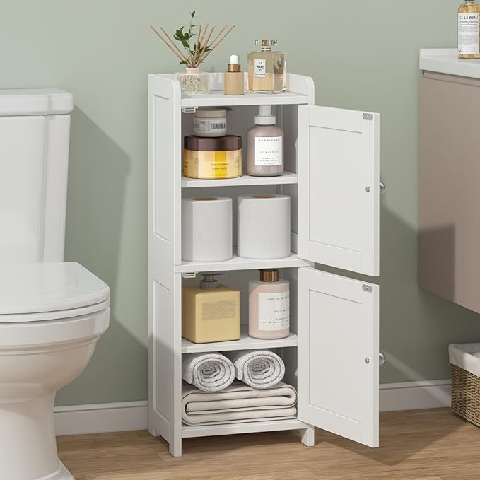 Small Bathroom Storage Cabinet, 30" Tall Freestanding Corner Floor Cabinet with 2 Doors & 5 Shelves (2 Adjustable), Narrow Toilet Paper Holder Organizer for Small Spaces, White