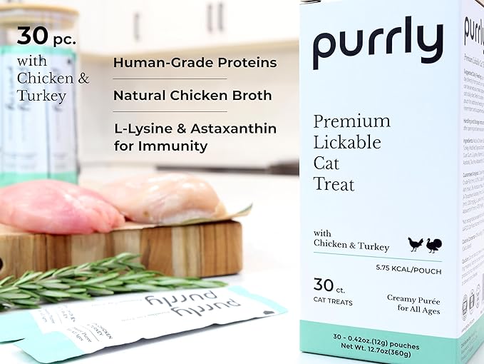 Purrly Interactive Lickable Cat Treats Low Calorie Human-Grade Chicken Breast & Turkey with L-Lysine & Astaxanthin for Immunity (30 Count) Non-Seafood Hydrating BPA-Free for All Ages Low-Phosphorus