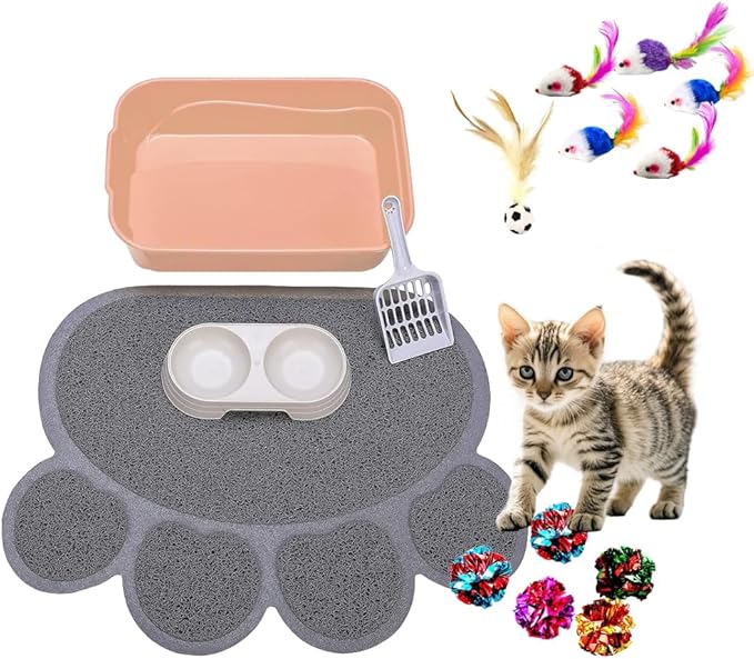 Kitty Litter Box Starter Kit - Small Cat Litter Pan Without Lid, Litter Mat, Scoop and Bowl for Kitten Within 3 Months (PinkScoop Set)