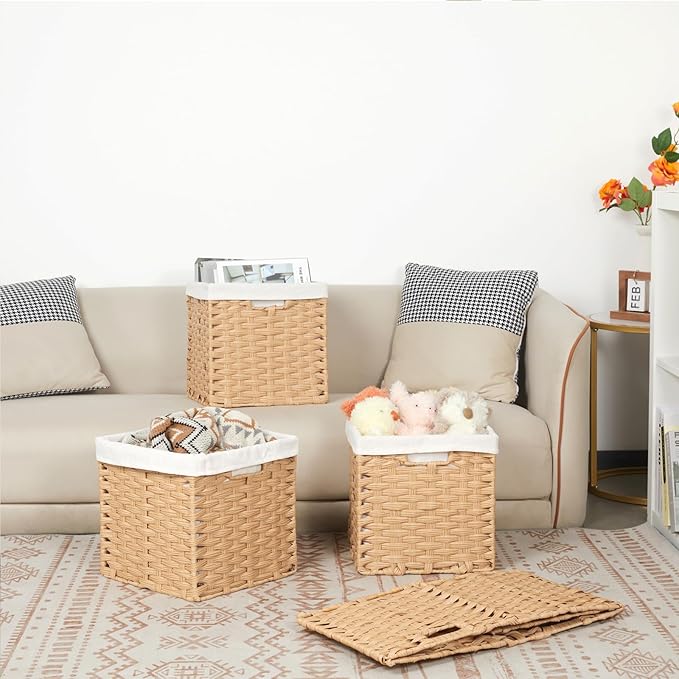 Bidtakay Wicker Storage Baskets with Liners 11x11 Storage Cube Bins with Handles Imitation Water Hyacinth 4-Pack Waterproof Woven Storage Baskets for Organizing Rattan Baskets Organizer-Natural