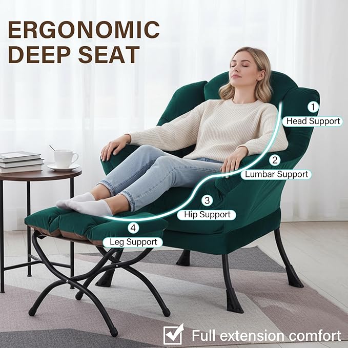 Welnow Lazy Chair with Ottoman, Modern Lounge Accent Chair with Armrests and a Side Pocket, Leisure Sofa Armchair, Reading Armchair with Footrest for Small Space, Dark Green
