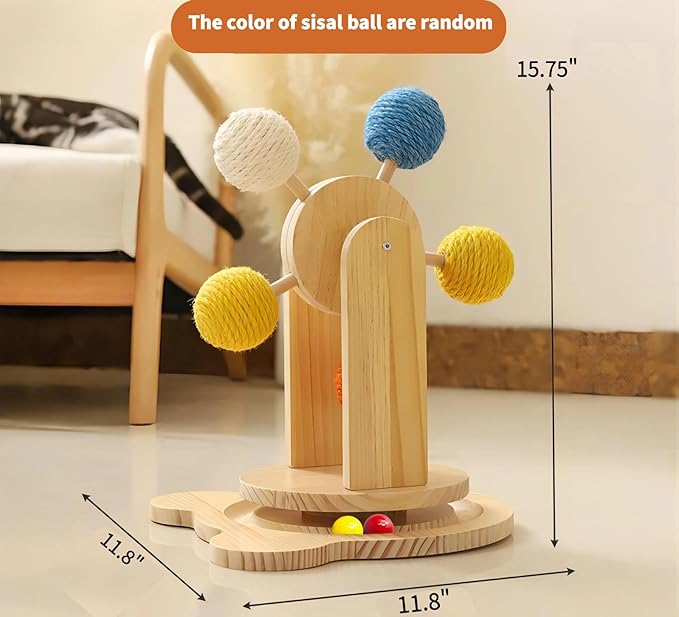 Solid Wood Turntable Toy,Ball Track Interactive cat Toy with Colourful Sisal Balls,Ferris Wheel Cat Toy with Rotating Platform and Durable Balls for Indoor cat