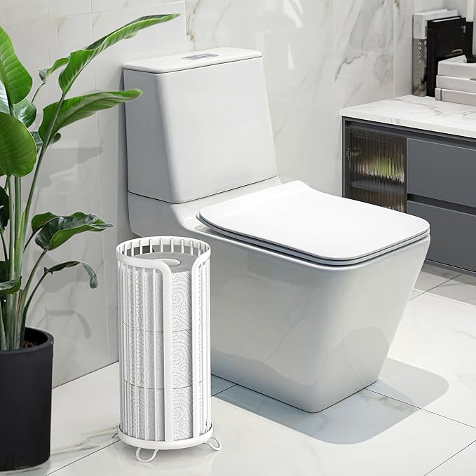 Toilet Paper Holder Stand, Freestanding Toilet Tissue Organizer, Minimalistic Storage Solution, Reserve Mega Rolls-White