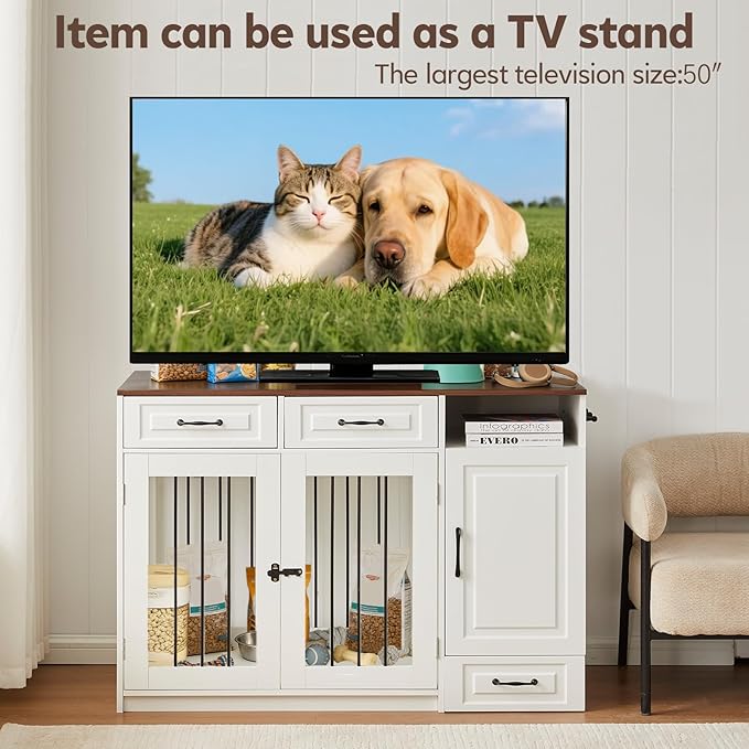 45.7" Dog Crate Furniture with Storage Drawers & Hidden Bowl, Wooden Indoor Dog Kennel Furniture with Food Storage Cabinet/Hooks, Dog Crate End Table TV Stand for Small/Medium/Large Dogs, White