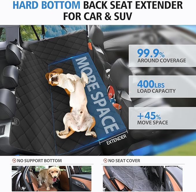 Back Seat Extender for Dogs-Mesh Window, Dog Car Seat Cover for Back Seat, 400lbs Capacity Hard Bottom, Waterproof Dog Hammock for Mid-Size Cars, SUVs, Trucks Black(52‘x24.8’)