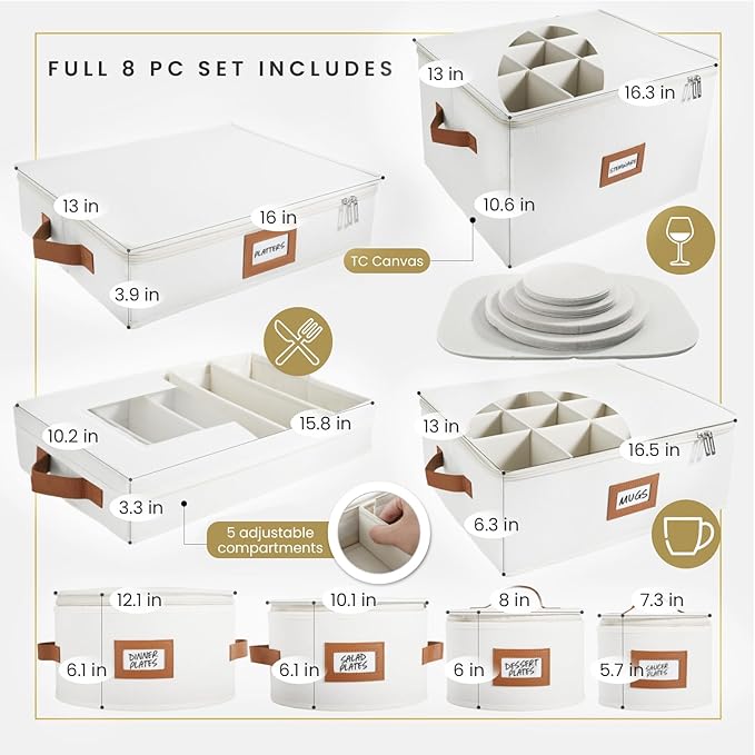 HOMELUX THEORY Coffee Mug Storage with Dividers, Ivory Hard Shell China Storage Containers, Kitchen Storage Bins With Lids, Heavy Duty Moving Box for Packing Glassware, Stemware & Glassware
