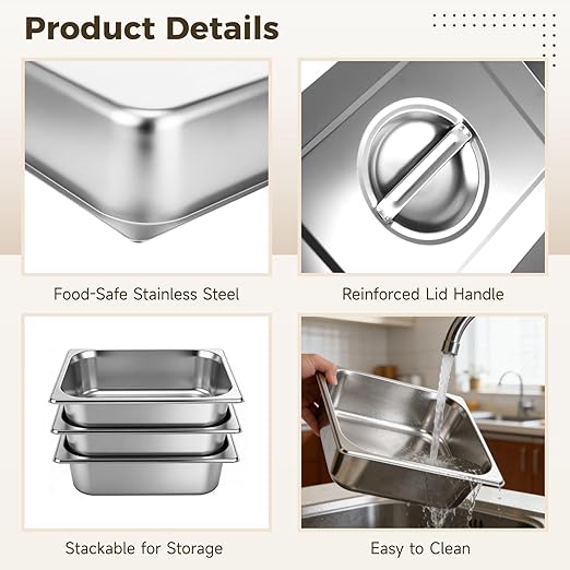 4 Pack Hotel Pan with Lid, Stainless Steel Deep Steam Table Pan, 5.9 L Stackable Food Storage Container for Kitchen, Restaurant, Catering, Buffet Serving
