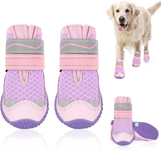 SlowTon Dog Shoes for Large Small Medium Dogs - Breathable Dog Boots for Summer Hot Pavement, Paw Protector for Outdoor Walking Winter Snow, Anti-Slip Rubber Dog Booties for Hardwood Floor (Pink, 7)