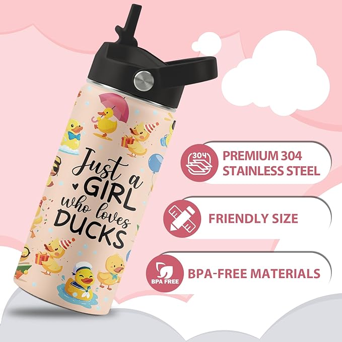 Duck Gifts, 16 oz Water Bottle with Straw Lid, Stainless Steel Insulated Water Bottle, Cute Duck Cup Gifts for Birthday Chritmas (1pcs)