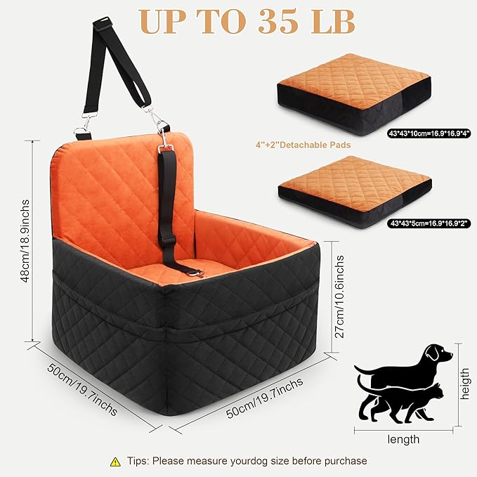 Dog Car Seat for Small/Medium Dogs,Pet Dog Booster Car Seat Puppy 15-35 lbs with Soft 4+2in Detachable Pads Detachable Elevated Cushion and Washable Cover Safety Belts Storage Pockets Easy to Install