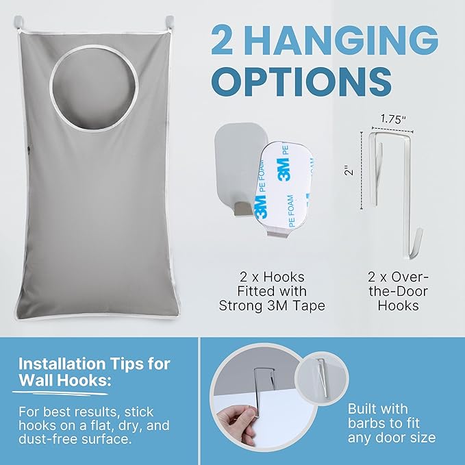 Hanging Laundry Hamper Bag XL 40x22", Space Saving over the Door Storage Bags, Behind the Door Hampers for Dirty Clothes & Wall Mounted Basket for Bathroom (2, Gray)