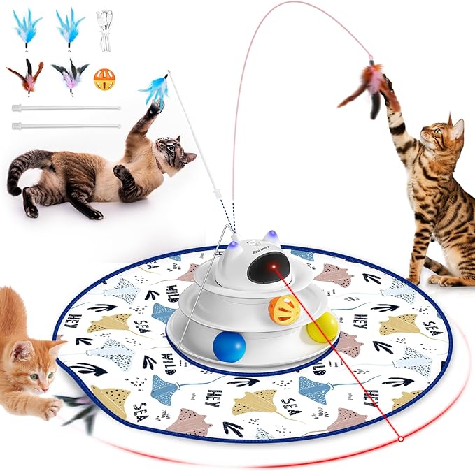 Interactive Cat Toy: 5 in 1 Automatic Cat Toy for Indoor Cats, Rechargeable Hide and Seek Toy with PVC Cover, Battery Operated Kitten Laser Toy, Self Play Fluttering Feather Wand with Track Ball